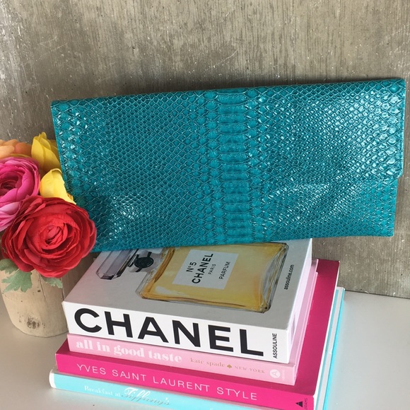 Handbags - Oversized Teal Faux Snakeskin Clutch